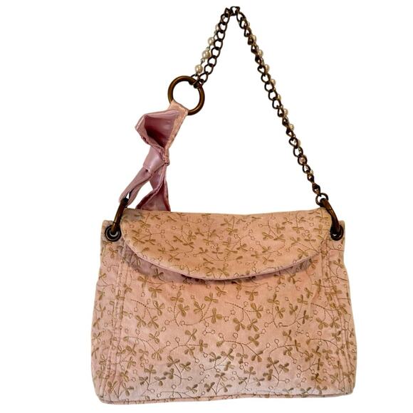 Vintage Y2K GAP Velvet Purse Pink Gold Embroidered Bow Pearl Chain Coquette EUC - Picture 1 of 10